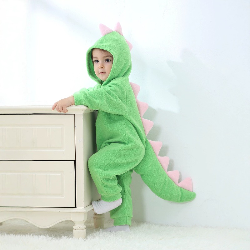 Cotton Baby Onesies Zipper - Newborn Baby Green Dinosaur Romper Hooded