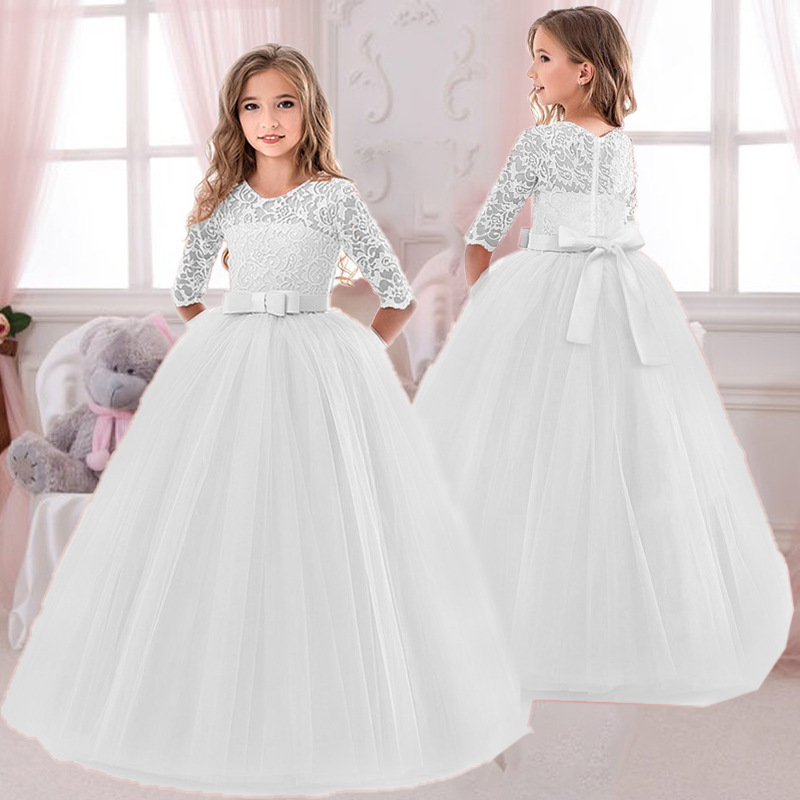 Toddler Girl Tulle Party Dress - Girls Lace Embroidered Bow Princess Dress